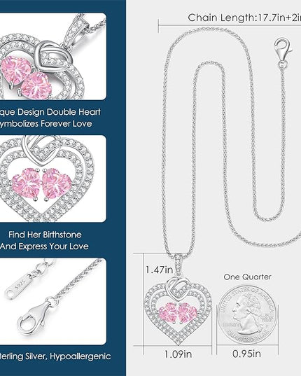 LOUISA SECRET Sparkling Double Heart Birthstone Necklaces for Women, 925 Sterling Silver Fine Jewelry, Pendant Heart Necklaces Birthday Anniversary Christmas Gift for Women Wife Mom Girlfriend Lady