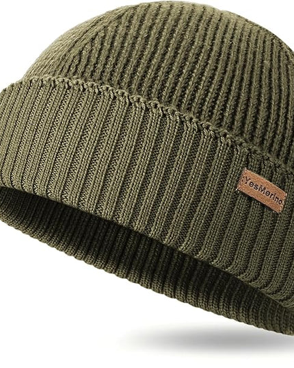 100% Merino Wool Fisherman Beanie for Men Women, Short Knit Cuff Trawler Winter Hat, Warm Soft Outdoor Gift