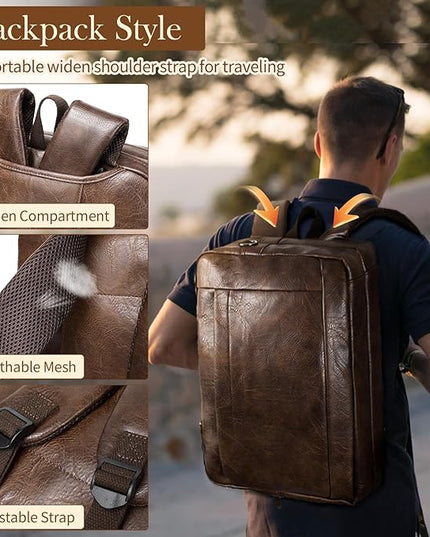 Faux Leather Messenger Bag for Men 17-17.3 Inch: Convertible 3 in 1 Backpack Laptop Bag Briefcase Computer Handbags Shoulder Crossbody Bag with Padded Laptop Sleeve for Work College Travel, PU Coffee