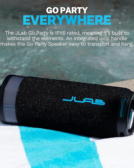 JLab Go Party Portable Bluetooth Speaker, Midnight Black, 10 Watts of Power, 16+ Hours of Playtime, IP56 Waterproofing, Customizable RGB LED Lighting, Lab Sync Up to 100 Speakers, Custom Sound in-App