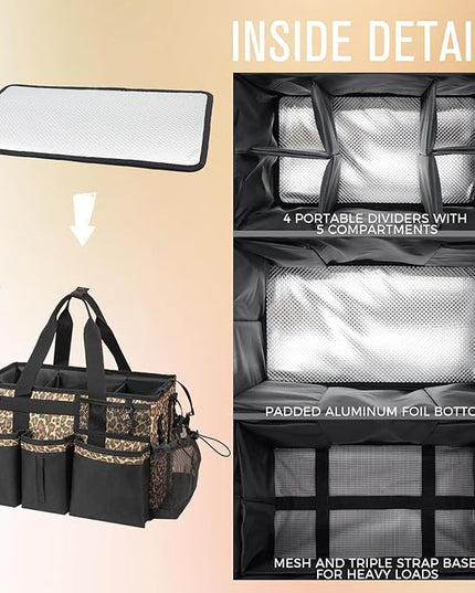 Wearable Cleaning Caddy, Cleaning Caddy Supplies Organizer with Handle & Shoulder Straps for Housekeepers, Under Sink & Car Cleaning Tool Organizers Bag with 4 Foldable Divider (Leopard)