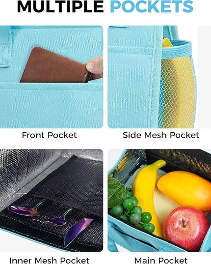 Fmeida Insulated Lunch Bag Women Men, 9L Large Lunch Bags with Multiple Pockets, Reusable Thermal Cooler Tote for Work, Office, Picnic, Travel | Hook and Loop Closure, Sky Blue