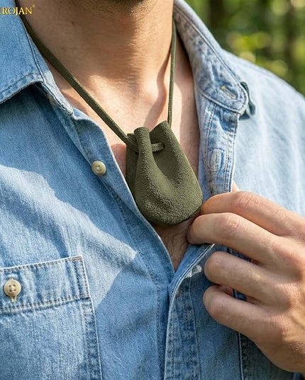 Mythrojan Small Trinket Pouches Suede Leather Drawstring Coin & Dice Bags for LARP, SCA, Viking & Medieval Events (Dark Green - Pack of 2)