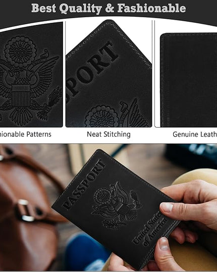 Shvigel US Leather Passport Book Cover - Thin American Travel Passport Holder - Premium International USA Passport Protector Case for Women Men (Black Vintage)
