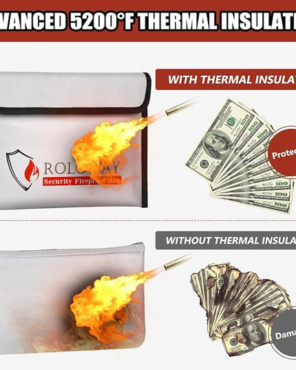 ROLOWAY Fireproof Bag (9.6 x 6.6 inches) 5200℉ Heat Insulated, Fireproof Money Bag with Zipper for Cash (2-Pack)