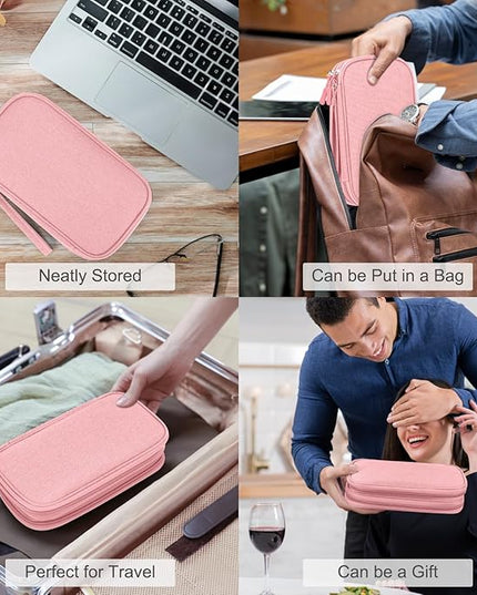 FYY Electronic Organizer, Electronic Accessories Carry Case Portable Waterproof Pouch Double Layers Storage Bag for Travel Cable, Cord, Charger, Phone, Earphone, Medium Size, Pink