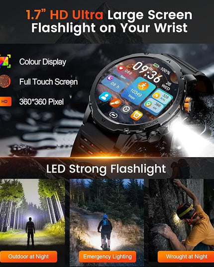 LIGE Smart Watch for Men with Flashlight,1.7" Smartwatch with 100+ Sports Modes,1000mAH,Health Tracker,IP68 Waterproof, Smart Watch for Android iOS Black 3 Straps