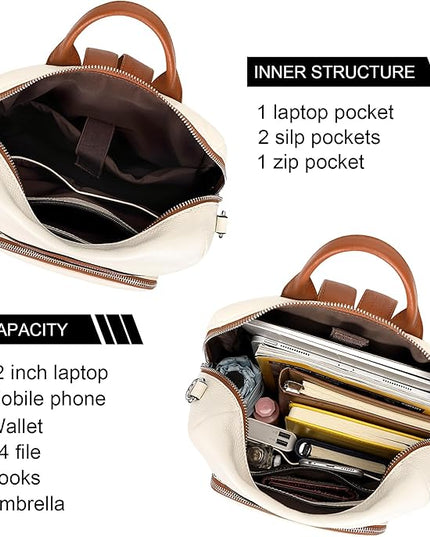 ALTOSY Genuine Leather Backpack Purse for Women Large Shoulder Bag With Laptop Compartment Multiple Pockets (S106 Beige/Brown)