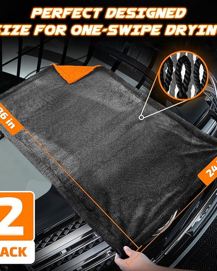 2-Pack 1200 GSM Car Drying Towels – Microfiber Towels for Cars (36" x 24"), Ultra-Absorbent, Streak-Free, Scratch-Free, No Water Spots, Double-Twist Pile & Edgeless Design(Orange)
