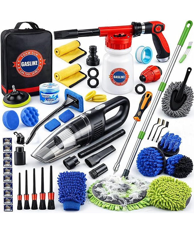 GASLIKE 63PCS Car Wash Cleaning Kit,Car Wash Brush with Long Handle,Car Detailing Kit with Foam Gun,Car Cleaning Supplies,Handheld Vacuum, Car Detailing Kit (63PCS)