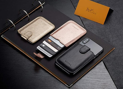 Phone Card Holder RFID Sleeve, Pu Leather Back Phone Wallet Stick-On Pull up 5 Card Holder Cards Cash for iPhone/Android/Samsung/All Smartphones (Gold)