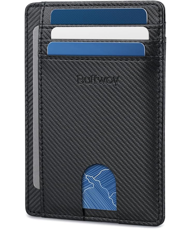 Buffway Slim Minimalist Front Pocket RFID Blocking Leather Wallets for Men and Women - Peak Black