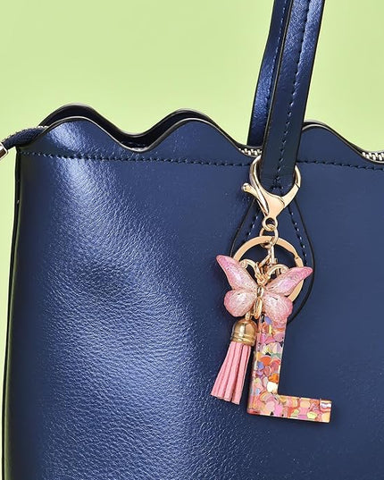 Fashion Alphabet Initial Letter Keychain Tassel Butterfly Pendant Key Ring for Purse Handbags Women Girl