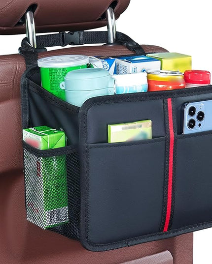 Hanging Car Seat Organizer Backseat Car Organizer - Premium PU Leather Car Backseat Organizer Road Trip Essentials, Multifunction Car Seat Back Organizer for Kids & Adults (Black)