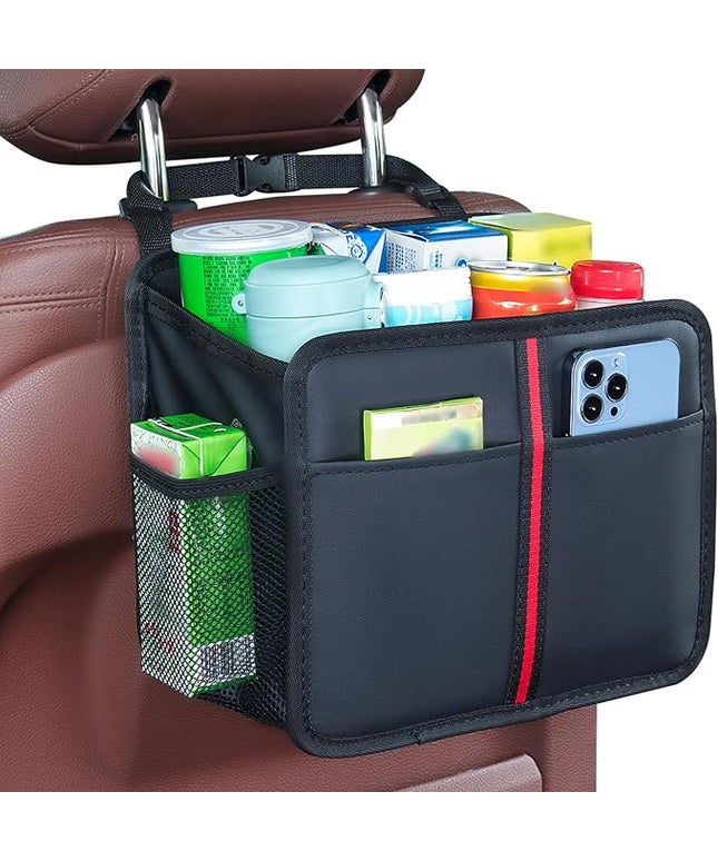 Hanging Car Seat Organizer Backseat Car Organizer - Premium PU Leather Car Backseat Organizer Road Trip Essentials, Multifunction Car Seat Back Organizer for Kids & Adults (Black)