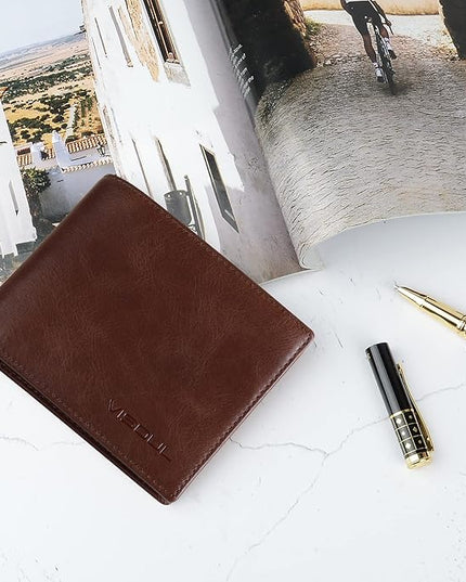 VISOUL Leather Wallets Bifold for Men with 2 ID Windwows, Men's Designer Card Holder Wallets with RFID Blocking (Brown)