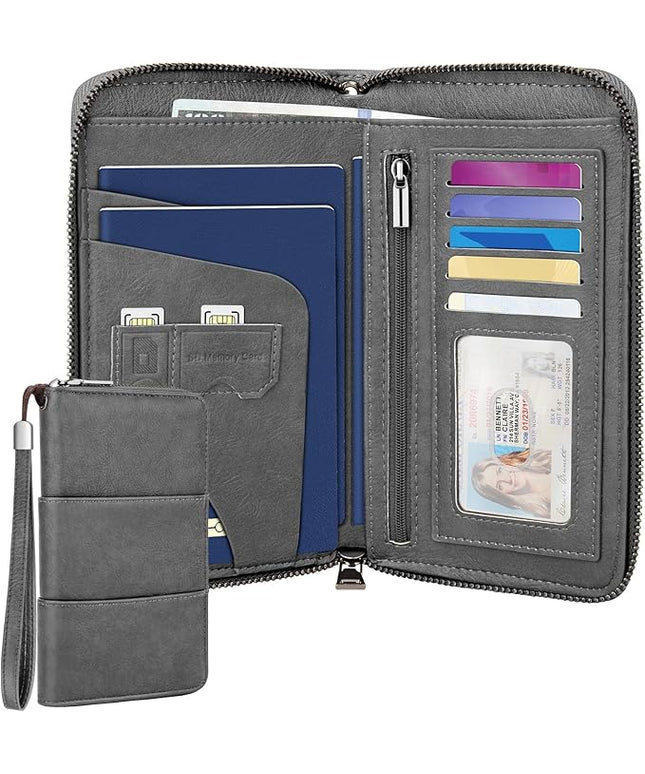 Family Passport Holder Wallet with Zipper, RFID Blocking Travel Document Organizer, PU Leather Passport Wallet for Women Men, Passport Cover Travel Wallet for Boarding Pass, ID, Money, Tickets