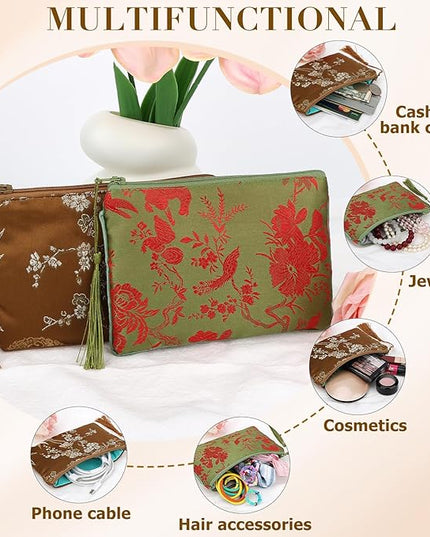 kilofly 2 pc Chinese Silk Brocade Padded Tassel Zipper Jewelry Bag Gift Pouch set2 D