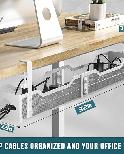 Under Desk Cable Management Tray 32'', Cable Management Under Desk No Drill, Cable Organizer with Clamp for Wire Management, Cord Organizer for Office, Home - No Damage to Table (White)