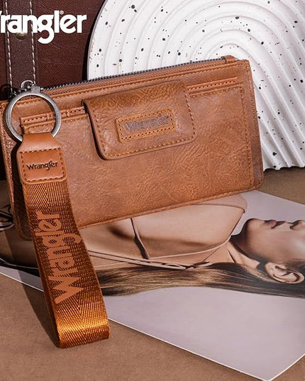 Montana West X Wrangler Brown Wristlet Wallet Minimalist Clutch Womens Wallet Rfid Card Cases & Money Organizers with Coin Purse and Smooth Zipper