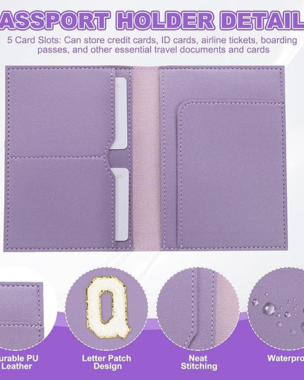 PATIKIL Passport Holder for Travel, Initial Passport Cover and Luggage Tag Set with Alphabet Chenille Letter Patch Travel Wallet Bag Suitcase Identifier for Women Family Travel Purple Q