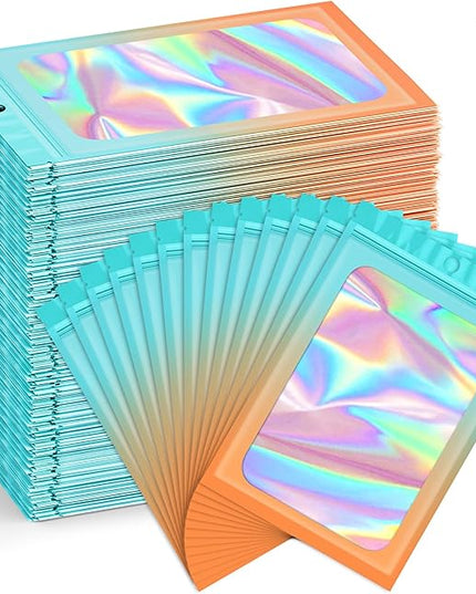 Funfery 300 Pack Smell Proof Resealable Bags for Food Storage,Holographic Bags 4x6 Blue Orange Mylar Clear Packaging Bag- Scent Proof for Cookies, Zip Foil Pouch for Small Business
