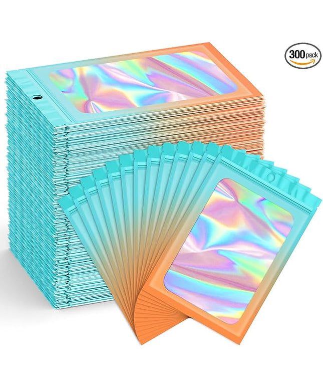 Funfery 300 Pack Smell Proof Resealable Bags for Food Storage,Holographic Bags 4x6 Blue Orange Mylar Clear Packaging Bag- Scent Proof for Cookies, Zip Foil Pouch for Small Business
