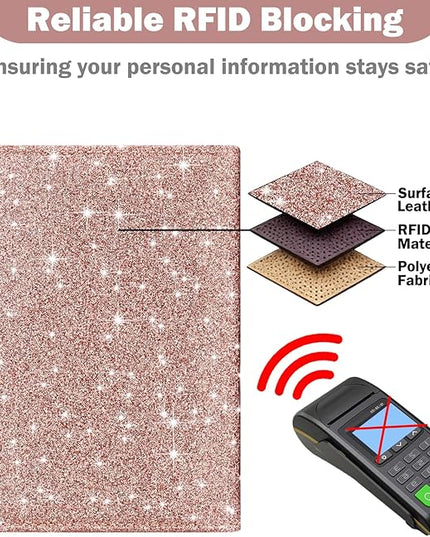 HOTCOOL Passport Holder Travel Essentials Airplane & Cruise Essentials Ship Leather Wallet Cover Case RFID Blocking Women & Men Vacation Travel Accessories Gifts Deals, Glitter - Rose Gold