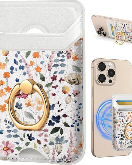 Shorogyt Compatible with Magsafe Wallet Magnetic Card Holder - Phone Wallets with Ring Grip Stand Cute Fashion for iPhone 17/16/15/14/13/12 Series for Women Girls Wild Flower Design, Fit 3 Cards