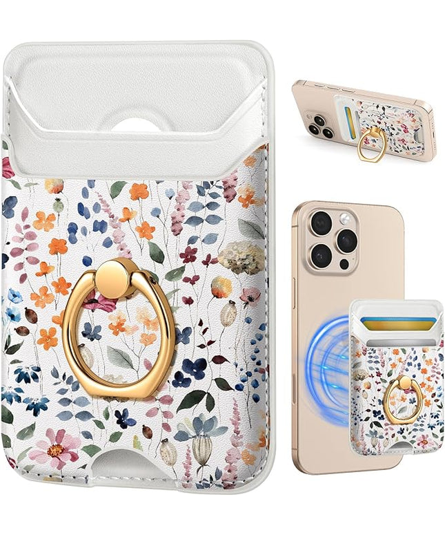 Shorogyt Compatible with Magsafe Wallet Magnetic Card Holder - Phone Wallets with Ring Grip Stand Cute Fashion for iPhone 17/16/15/14/13/12 Series for Women Girls Wild Flower Design, Fit 3 Cards