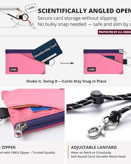 RFID Travel Wallet with Adjustable Lanyard-Zipper Small Wallet with ID Card Holder, Keychain for women&men-Minimalist Slim Waterproof Nylon case for ID, Cash, Key (Pink+RosePink)