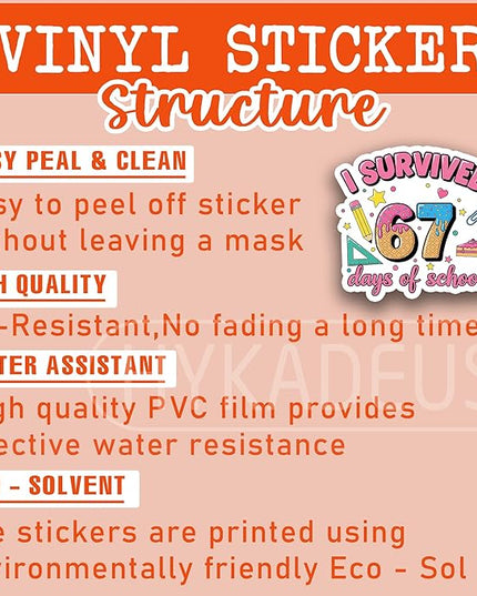 (3Pcs) I Survived 67 Days of School Sticker Funny 67 Ice Cream Teachers Students Vinyl Decals Waterproof for Water Bottle, Tumbler, Laptop, Phone Case, 3" x 2.9"
