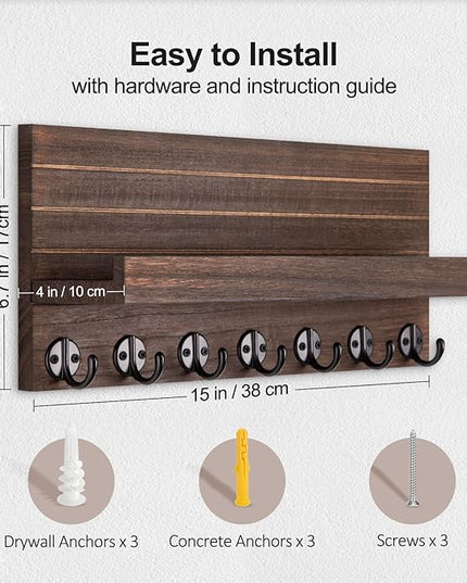 Lwenki Key Holder Wall Mount, Entryway Key and Mail Holder with 7 Sturdy Hooks for Sunglasses, Dog Leash, Decorative Wall Shelf with Mounting Hardware, 15”W x 6.7”H x 4.2”D (Brown)