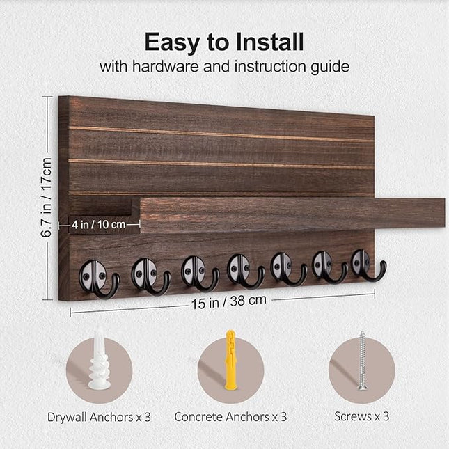 Lwenki Key Holder Wall Mount, Entryway Key and Mail Holder with 7 Sturdy Hooks for Sunglasses, Dog Leash, Decorative Wall Shelf with Mounting Hardware, 15”W x 6.7”H x 4.2”D (Brown)