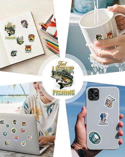 Fishing Stickers Pack 100 PCS Funny Fish Sticker Waterproof Vinyl for Water Bottles, Scrapbook, Tackle Box, Gift for Men, Son, Adult, Teen Car Birthday Gifts Decal