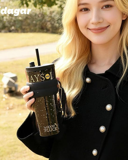 24 oz Tumbler with Lid and Straw, Insulated Coffee Mug Leak Proof, Portable Iced Travel Water Bottle, Reusable Thermal Coffee Cup, Gifts for Women, Mystic Black