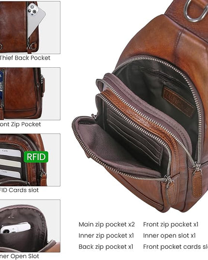 HESHE Leather Sling Bag for Women Crossbody Bags with Multi-Pocket Stylish Fanny Packs for Travel Chest Bag