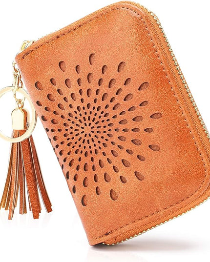 APHISON RFID Credit Card Holder Zipper Card Case Keychain Small Wallet for Women 1927 BROWN