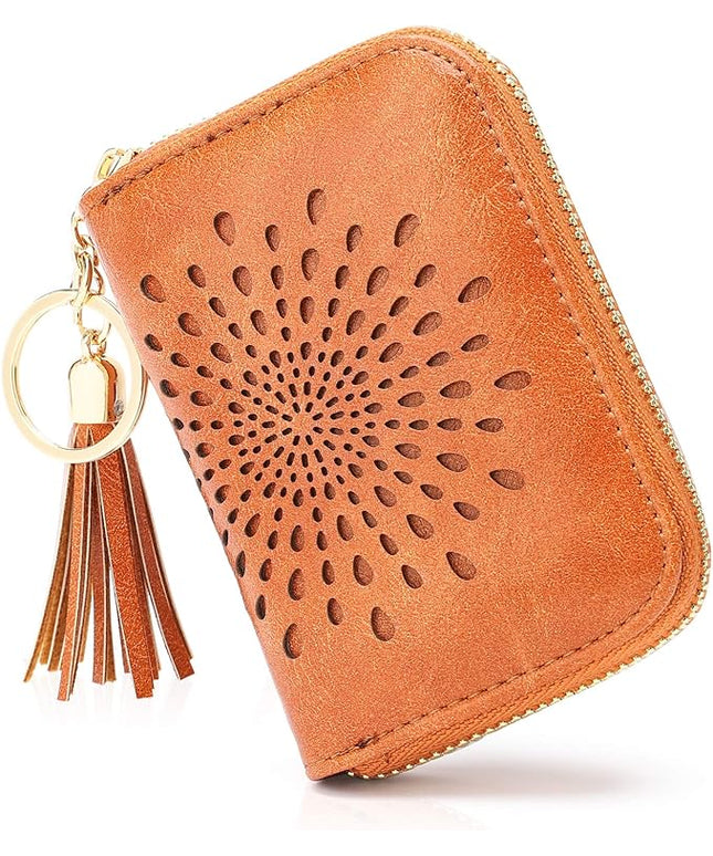 APHISON RFID Credit Card Holder Zipper Card Case Keychain Small Wallet for Women 1927 BROWN