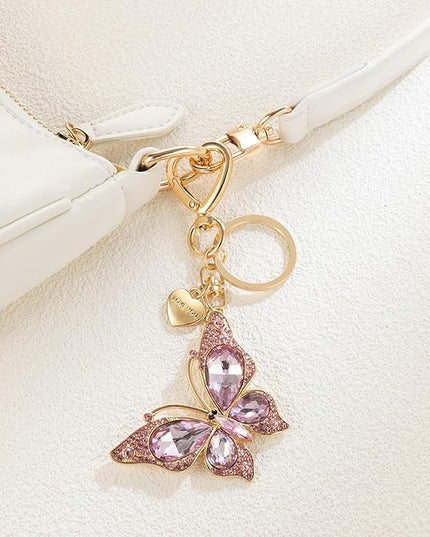 XGALBLA Cute Bling Crystals Rhinestone Butterfly KeyChain with Heart Pendant, Lovely Bag Charms for Handbags Purse Accessory