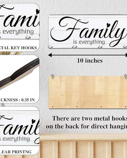 MBYHP Wooden Key Holder with 4 Hooks - Family is Everything Decorative Key Organizer for Wall - Home Office Kitchen Hallway Entryway Wall Decor for Keys, Dog Leash Hanging - A06
