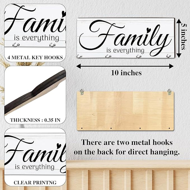 MBYHP Wooden Key Holder with 4 Hooks - Family is Everything Decorative Key Organizer for Wall - Home Office Kitchen Hallway Entryway Wall Decor for Keys, Dog Leash Hanging - A06