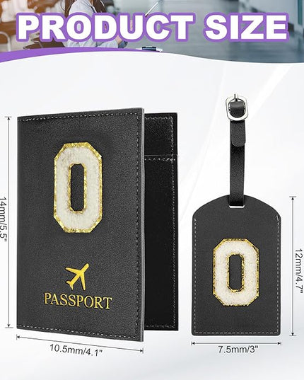 PATIKIL Passport Holder for Travel, Initial Passport Cover and Luggage Tag Set with Alphabet Chenille Letter Patch Travel Wallet Bag Suitcase Identifier for Women Family Travel Black O