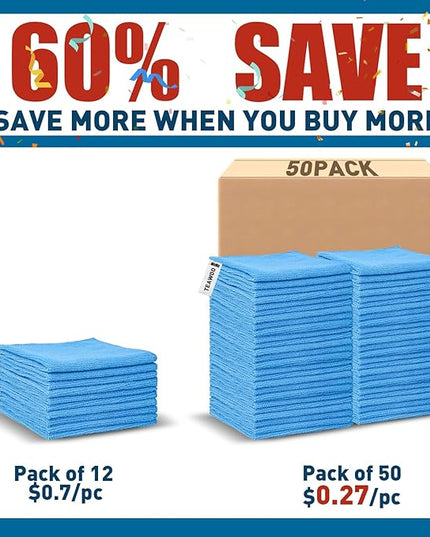 Microfiber Cleaning Cloths-50 Pack, Microfiber Towels Bulk, Towels for Cars & Home, Cleaning Rags Blue (12x12 inches)