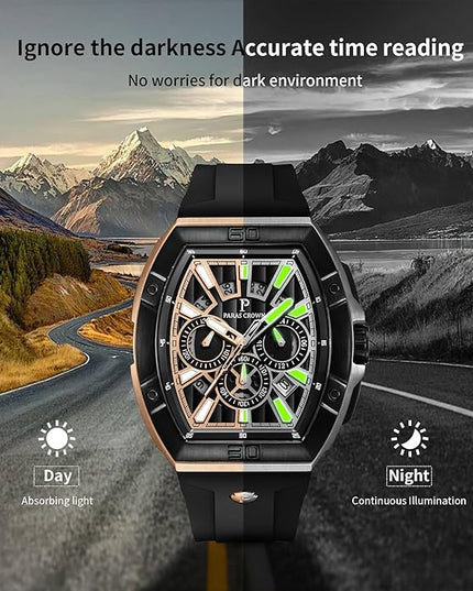Paras Crown Watches for Men Tonneau 5ATM Waterproof Quartz Luxury Chronograph Analog Men's Wrist Watches Stainless Steel Case Mens Watches