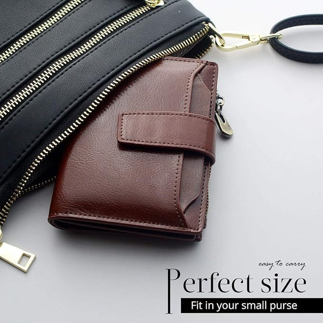 Bveyzi Women's Small Leather RFID Blocking Bifold Zipper Pocket Wallet Ladies Credit Card Slots Purse with id Window
