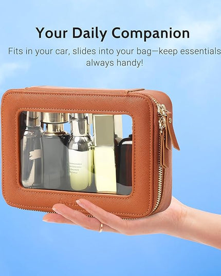 Aveniee Clear Makeup Bag, Travel Toiletry Case Car Accessories Organizer for Women, Heavy Duty Clear Pouch with Dual Zippers(Brown)