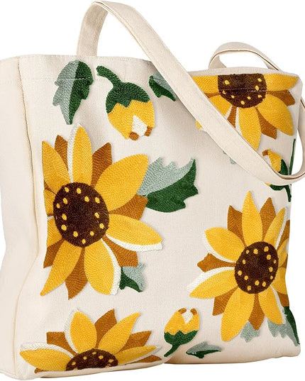 Aesthetic Embroidery Tote Bag for Women - Reusable Canvas Cute Shoulder Bag for Shopping, Grocery, Work, Book