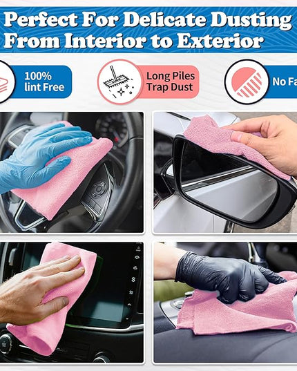 FIXSMITH Microfiber Cleaning Cloth, Shop Towels Bulk, 24 Pack Pink Microfiber Towels for Cars, All-Purpose Absorbent Cleaning Rags, Dust Cloth for Automotive, Mechanic, Garage, Bar, 12 x 11 inch