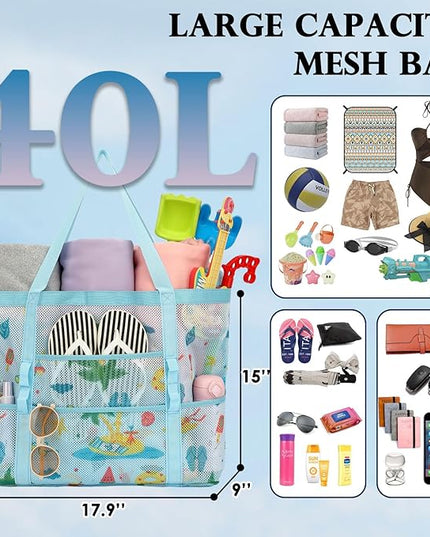 Mesh Beach Bag, Large Beach Tote with Zipper Pocket, Toys Pool Bag for Family Travel Vacation Cruise Essentials